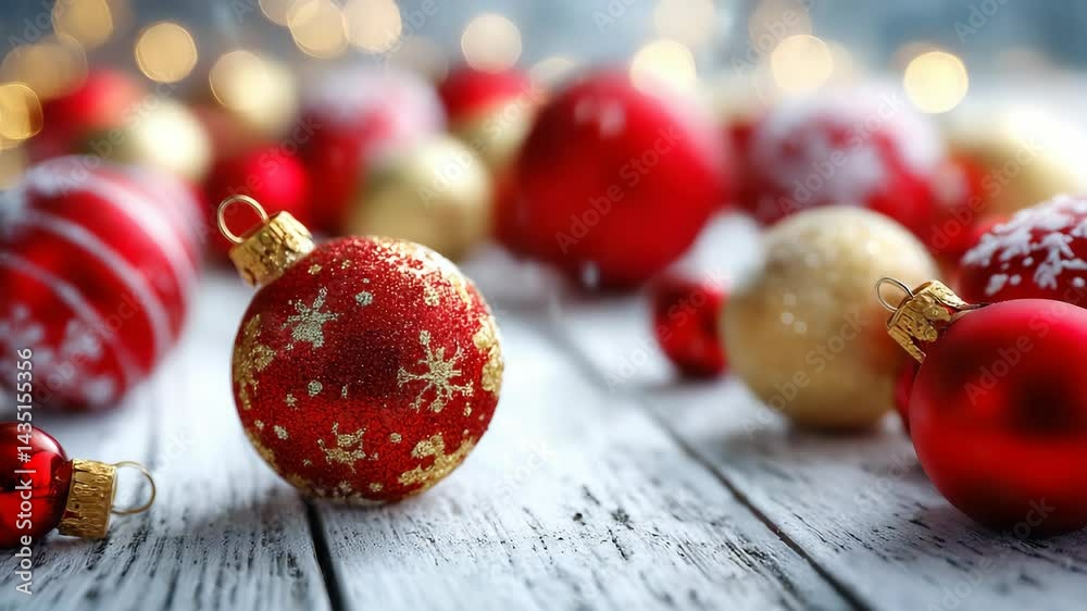 Festive array of red and gold Christmas baubles on a rustic white wooden surface illuminated with soft bokeh lights