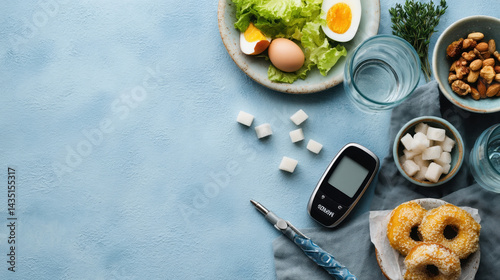 Healthy Meal and Diabetes Monitor on Blue Background