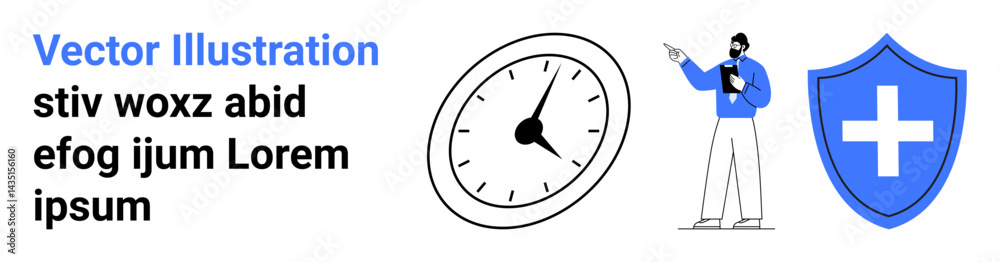 Clipboard user gesturing near an analog clock and a shield with a cross symbol. Ideal for time management, healthcare, productivity, responsibility, safety, planning, simple landing page Clipboard user gesturing near an analog clock and a shield with a cross symbol. Ideal for time management, healthcare, productivity, responsibility, safety, planning, simple landing page