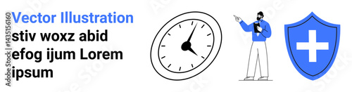 Clipboard user gesturing near an analog clock and a shield with a cross symbol. Ideal for time management, healthcare, productivity, responsibility, safety, planning, simple landing page