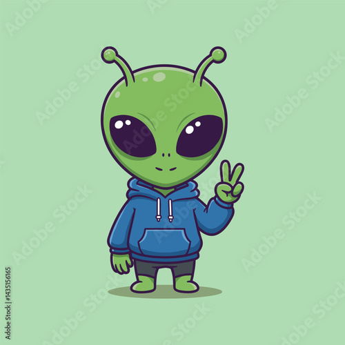 Cute Alien With Peace Hand Cartoon Vector Illustration