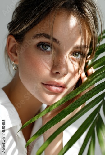 Model with palm leaves in front of her, soft shadows, light background