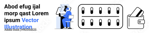 Man in blue outfit seated at desk using computer, selecting items from a shelf, and processing payment via wallet. Ideal for e-commerce, online shopping, digital transactions, retail, inventory