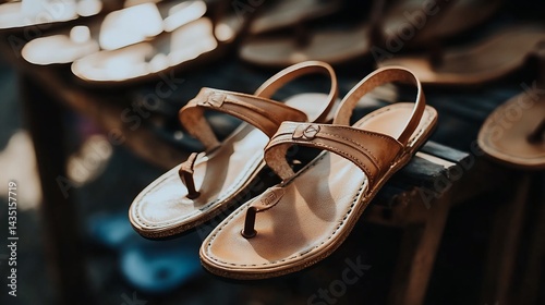 Close-up of handcrafted leather sandals on a rustic wooden surface