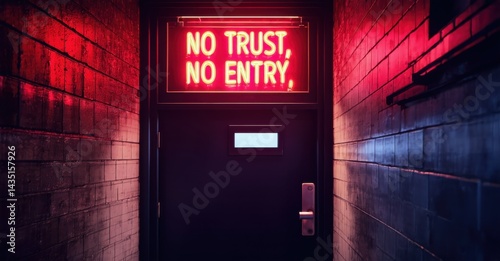 Neon no trust no entry sign flickering in deep red above hidden alley doorway deep navy and muted silver symbolizing urban exclusivity
