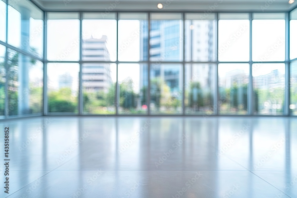 Empty modern hall with floor to ceiling windows showing city buildings blurred view Empty modern hall with floor to ceiling windows showing city buildings blurred view