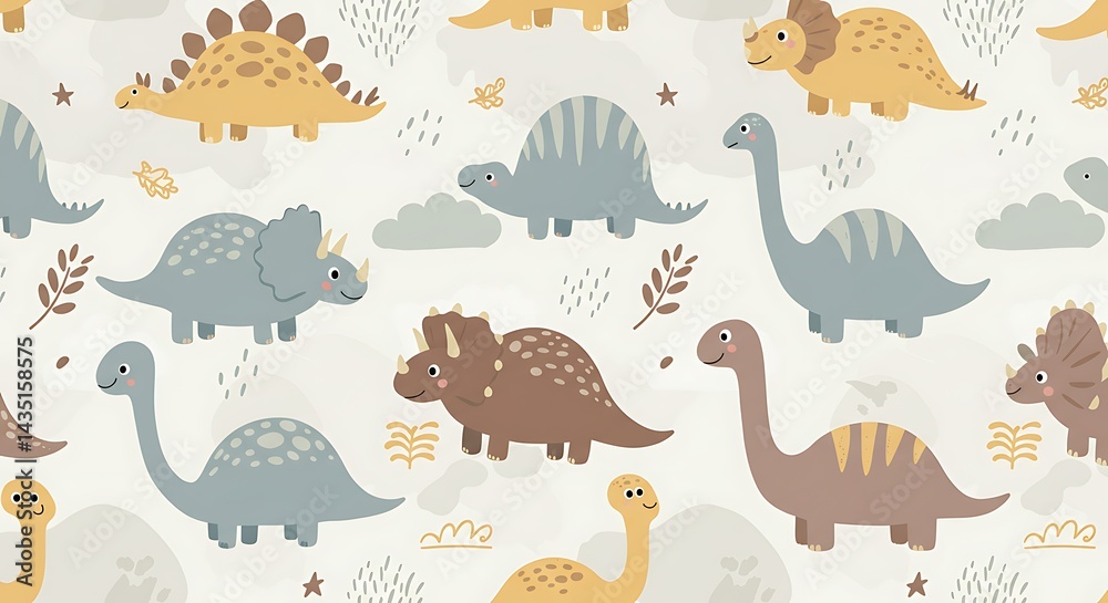 Obraz premium Prehistoric Pals: A Whimsical Dino Pattern AI Generated