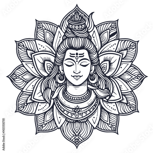 God Shiva Set of Rangoli design concept of line drawing isolated on white background 
