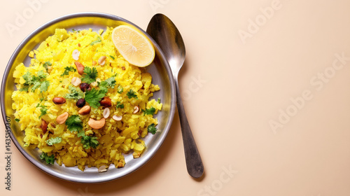 Poha Breakfast on Beige Background Top View