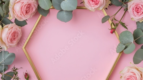 Golden hexagonal frame adorned with blush pink roses and eucalyptus leaves, elegantly arranged on a radiant pastel pink background, ideal for modern designs.