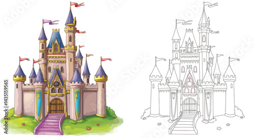 Magical Castle Illustration: An enchanting illustration features a majestic castle, complete with towers, turrets, and a grand entrance. The castle is rendered in intricate detail.