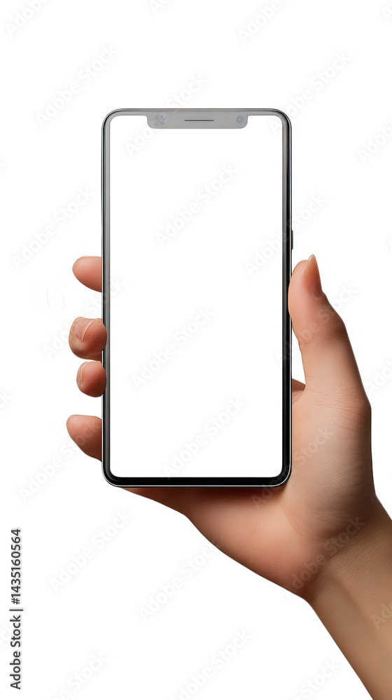 a hand holding a modern smartphone with a blank screen against a white background the focus is on the device. suggesting it could be used for various applications. including communication. social medi a hand holding a modern smartphone with a blank screen against a white background the focus is on the device. suggesting it could be used for various applications. including communication. social medi