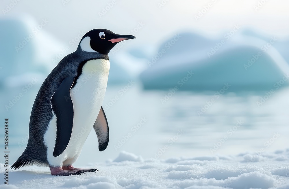 Naklejka premium image of an Adélie penguin standing on an icy surface near a polar sea.