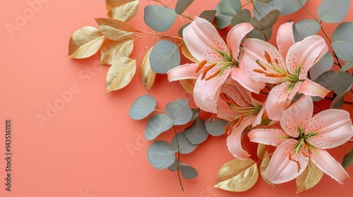 Graceful arrangement of blush pink lilies and golden eucalyptus leaves, elegantly layered in a flowing design, isolated on a muted coral background.