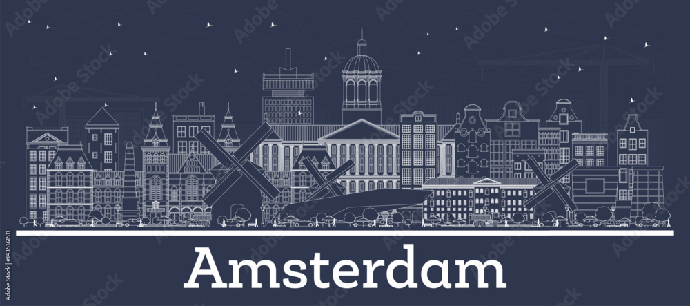Naklejka premium Outline Amsterdam Holland City Skyline with white Buildings. Business Travel and Tourism Concept with Historic Architecture. Amsterdam Netherlands Cityscape with Landmarks.