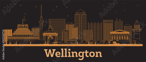 Outline Wellington New Zealand City Skyline with orange Buildings. Business Travel and Concept with Modern Architecture. Wellington Cityscape with Landmarks.