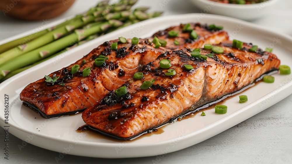 Teriyaki salmon asparagus grilled Grilled salmon fillets served with fresh asparagus and herbs. Teriyaki salmon asparagus grilled Grilled salmon fillets served with fresh asparagus and herbs.