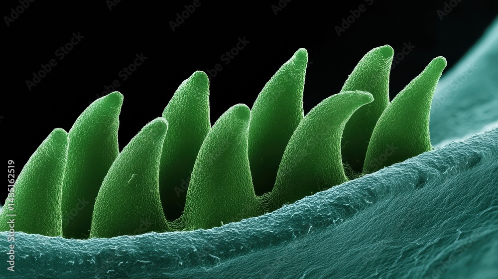 Obraz premium A close-up view of green, serrated structures under a microscope, showcasing intricate details of a biological surface.