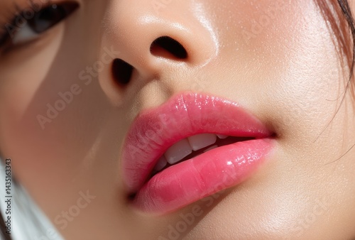 Close-up shot of an Asian woman with glossy pink lips, white background