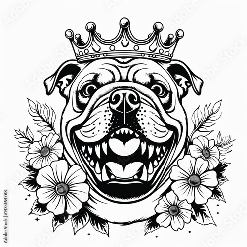 Illustration of the bulldog's head wearing a crown with flowers around it generate AI.
