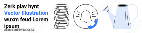 Stack of coins symbolizing wealth, notification bell with call icon for alerts, and watering can for growth or nurturing. Ideal for finance, investment, productivity, alerts, gardening, growth