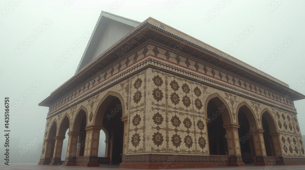 Obraz premium Ethnic patterned architecture standing solemnly in the morning mist, evoking spiritual serenity.