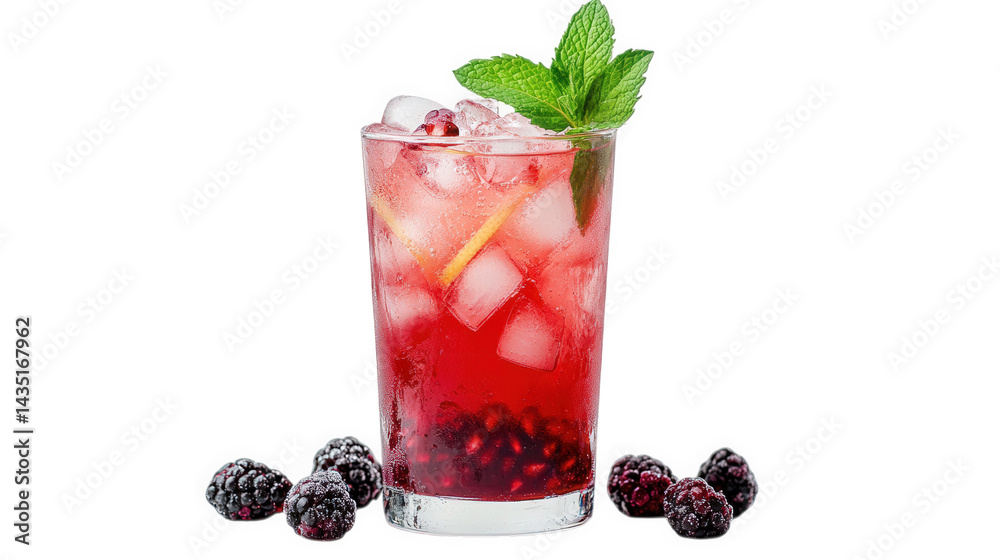 a refreshing cocktail featuring a vibrant mix of berries. ice. and mint. served in a clear glass the drink is garnished with a mint leaf and a slice of lemon. creating an inviting and colorful present