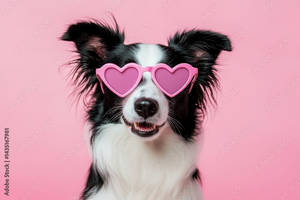 Fototapeta premium Border collie wearing pink heart sunglasses against pink background
