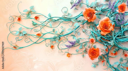 Graceful teal vines intertwined with bright orange roses and lavender blossoms, isolated on a pastel peach background