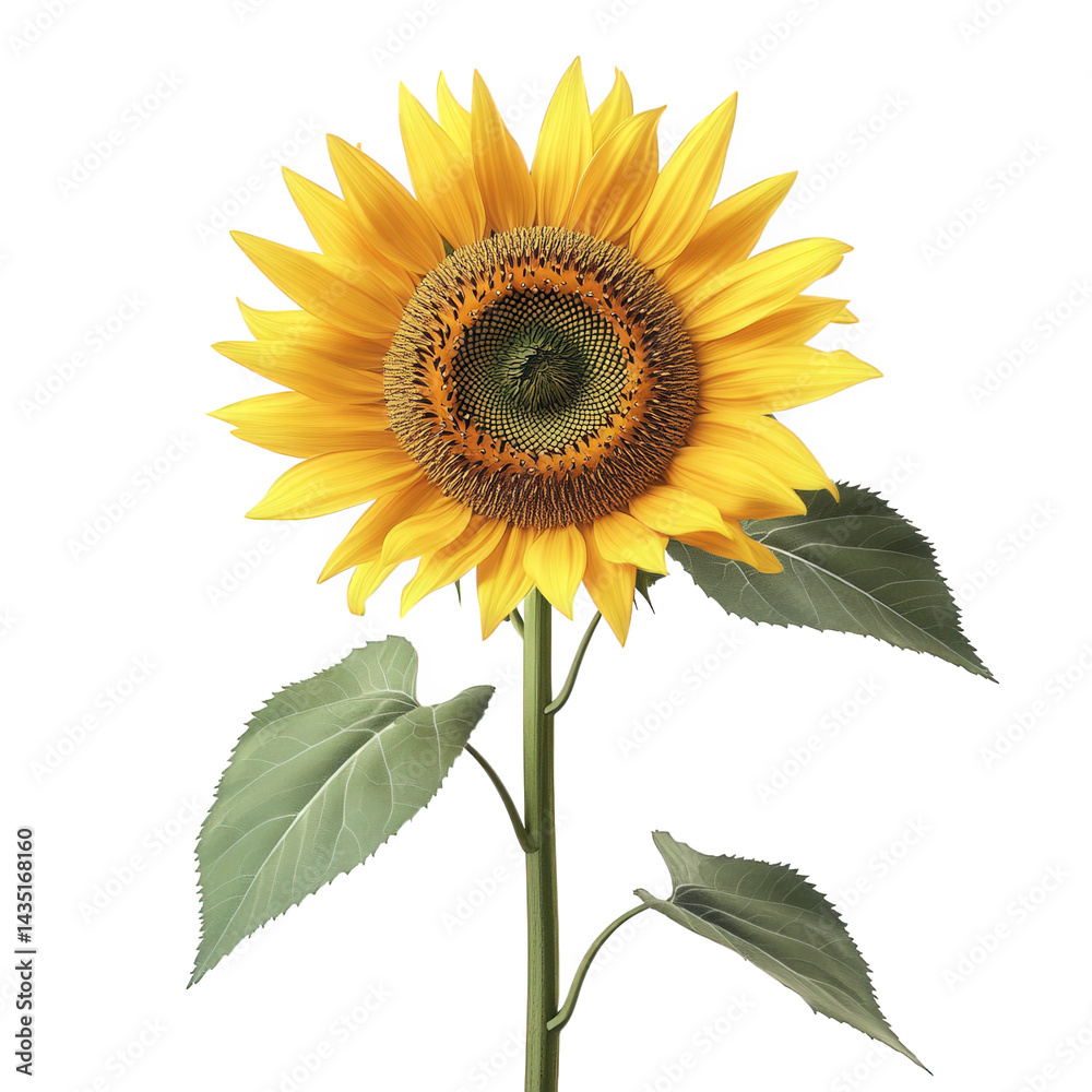 Obraz premium a vibrant sunflower stands tall against a plain background. showcasing its bright yellow petals and intricate seed pattern in the center. complemented by green leaves the beauty of nature and can symb