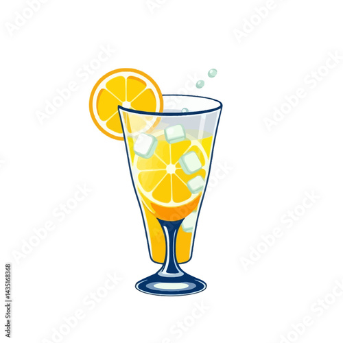 Refreshing orange juice with ice cubes and orange slice in a tall glass vector illustration art