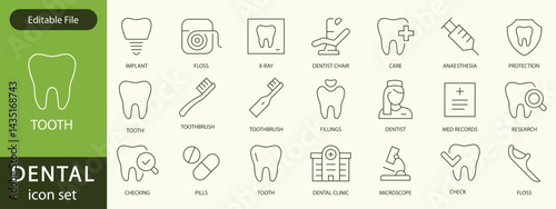 Dental thin line icons set. Tooth icon. Dentist, Dental, Tooth editable stroke icons collection. Vector illustration