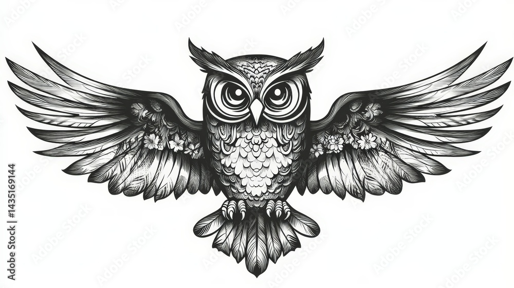 Obraz premium Stunning Ornate Owl with Floral Wings: Black and White Tattoo Design
