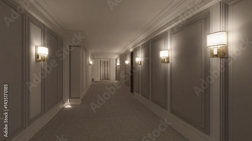 Elegant hotel corridor bathed in warm light
