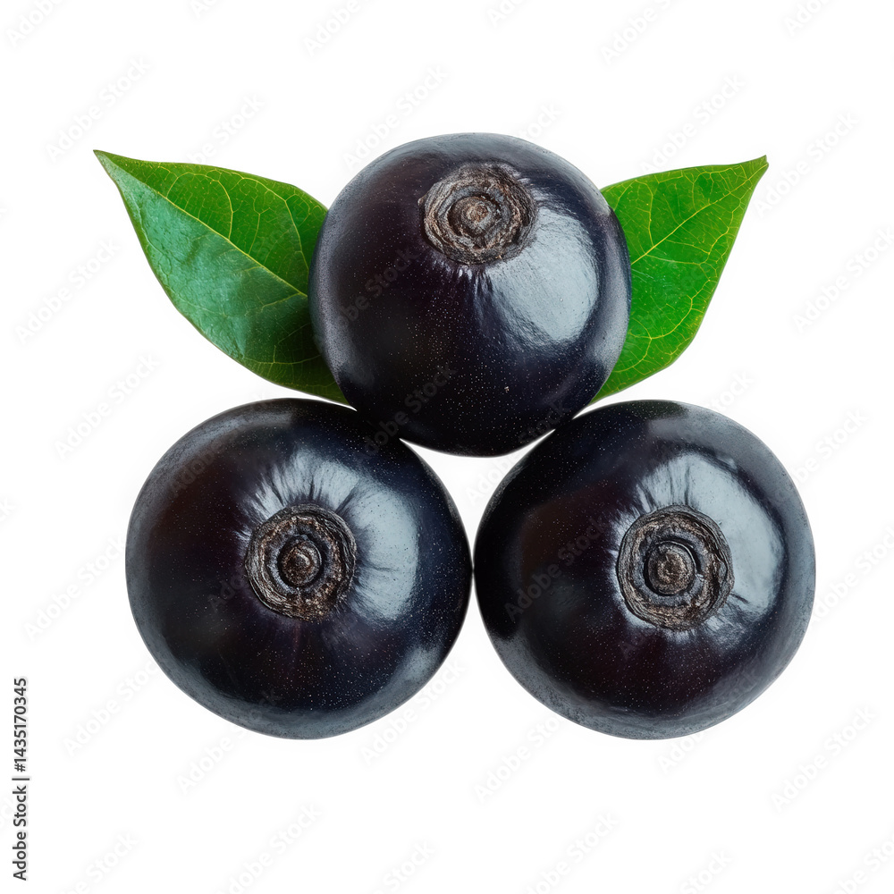 Fototapeta premium three glossy. dark purple berries arranged in a triangular formation. accompanied by two green leaves the berries have a smooth surface and a round shape. suggesting they are ripe and fresh the clean