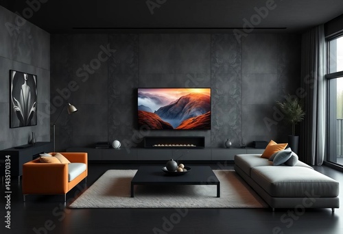 Sleek dark gray living room with large flat screen TV, minimalist modern decor, home theater, flat screen tv