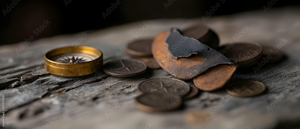 Old compass and corroded metal fragments on weathered wood Old compass and corroded metal fragments on weathered wood