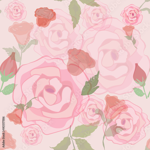 Pink roses blooming alternately with red roses with green buds and leaves on a light pink background.