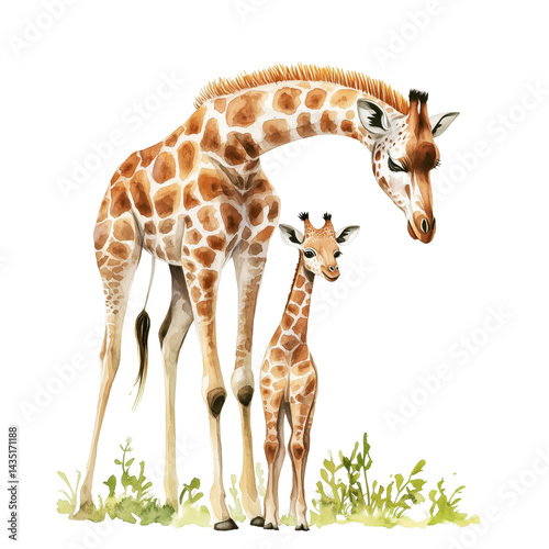 Mother giraffe stands with her calf. Mom with baby, isolated element with transparent background. Cute watercolor illustration for Mother's Day. Greeting card, poster, print,	
 photo