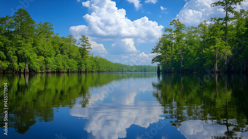 Still water mirrors the vivid blue sky and green ai genrative