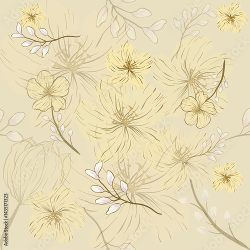 Wallpaper Mural Light yellow flowers and white branches on a light yellow background. Torontodigital.ca