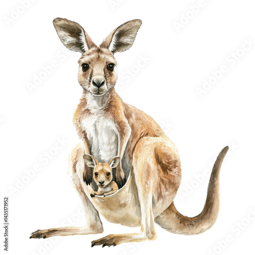 Mother kangaroo with joey in her pouch. Mom with baby, isolated element with transparent background. Cute watercolor illustration for Mother's Day. Greeting card, poster, print,	
