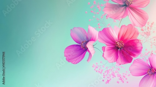 Gradient floral design featuring cosmos transitioning from bright fuchsia to pale pink tones, isolated on a smooth pastel aqua background.