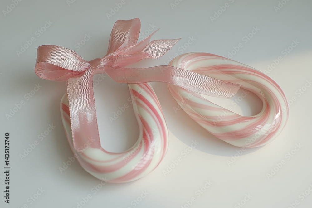 Two beautifully crafted candy canes tied with a soft pink ribbon. They bring a sense of nostalgia and cheer. Perfect for holiday decorations or treats. Generative AI