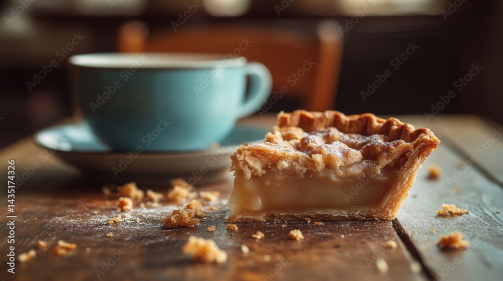 Delicious slice of pie beside a soothing cup of coffee. A delightful combination. Perfect for cozy moments and sweet indulgence. Generative AI