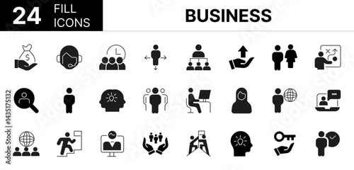 Collection of 24 Business fill icons featuring editable strokes. These outline icons depict various modes of Business, brainstorming, goal, success, agreements, candidate, meeting, leadership, men at 