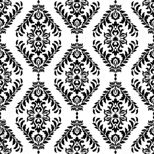 Seamless damask pattern wallpaper repeating black floral and scroll elements. Elegant vector background. Graphic pattern for fabric,carpet,wallpaper,packaging. Ornate Damask flower ornament.