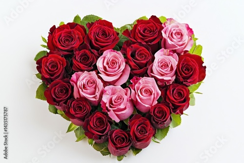 Heart-shaped arrangement of roses in red and pink, isolated on a solid white background, ultra-clear HD image.