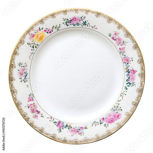 Elegant porcelain plate adorned with floral designs and gold trim, set against a minimalist background, perfect for dining