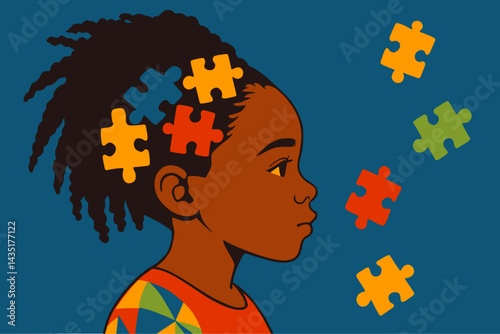 Neurospicy black girl child with a puzzle brain. Concept for Disability Pride Month, world brain day, mental health and brain neurological health, autism spectrum disorder.